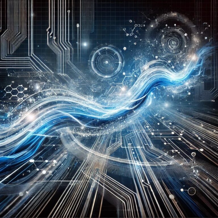 white and blue elctrical waves against white rays coming from a circuit looking type image representing energy in motion