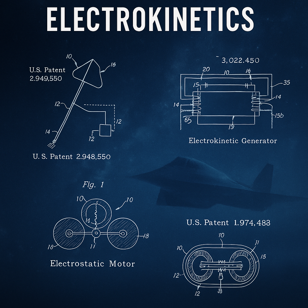 An artistic rendering of Townsend Brown’s electrokinetic patent diagrams overlaid on a dark cosmic-blue background, with a faint silhouette of futuristic aircraft or spacecraft emerging through the blueprint lines.