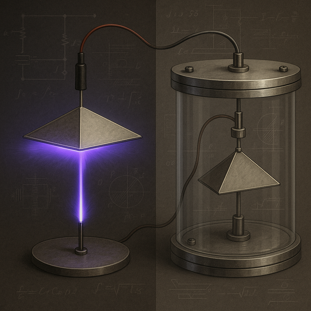 A composite illustration: on one side, an asymmetric capacitor generating a visible purple-blue corona discharge (representing ion wind); on the other, the same device sealed inside a vacuum chamber with no airflow. Overlay faint patent sketches or equations to emphasize the scientific controversy