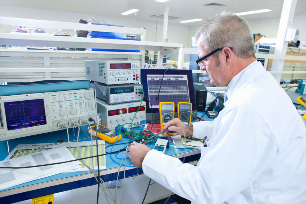 Researcher in a lab working with electrical equipment, wiring, or precision instruments working on Biefeld-Brown Effect Replication